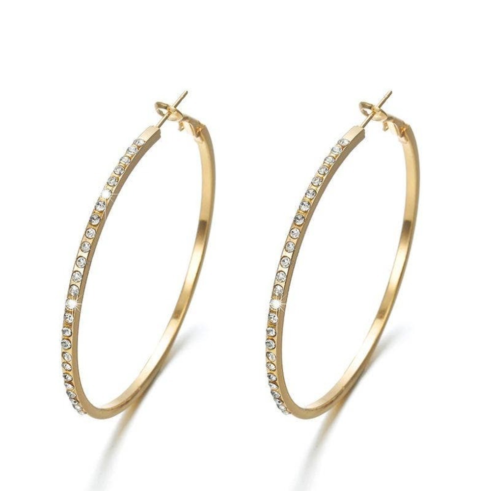 Large Alloy Ring Earrings Encrusted with Simple Fashion Diamond Enlaid